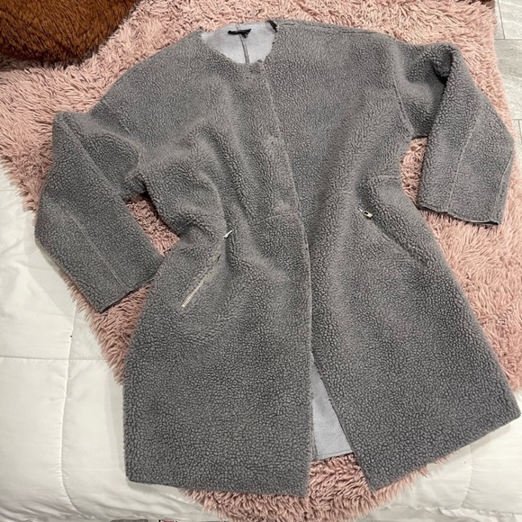 Topshop Jackets & Blazers - Topshop Grey Collarless Fleece Coat. Mid Length. Size S. Teddy Like Texture.